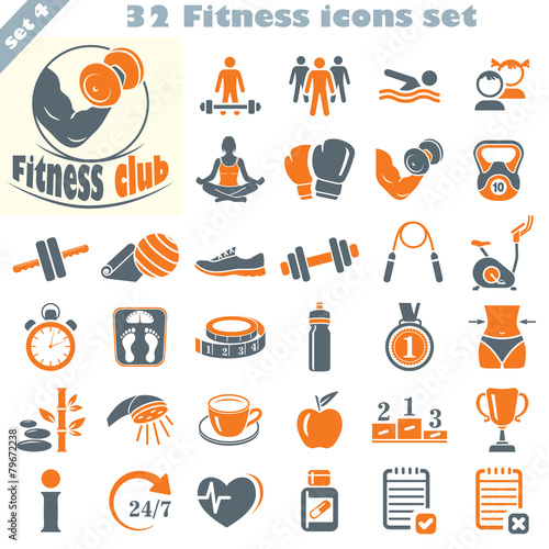 Fitness icons set, vector set of 32 fitness signs.