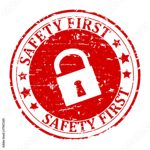 Damaged round red stamp with lock - safety first - vector