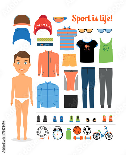 Sport boy. Clothing and sports equipment for fitness