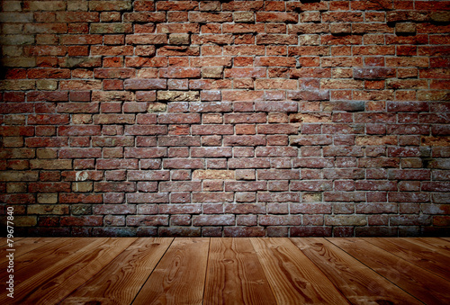 Conceptual old vintage brick wall and wood floor