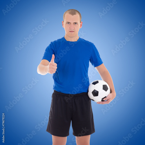 soccer player with a ball thumbs up over blue © Di Studio