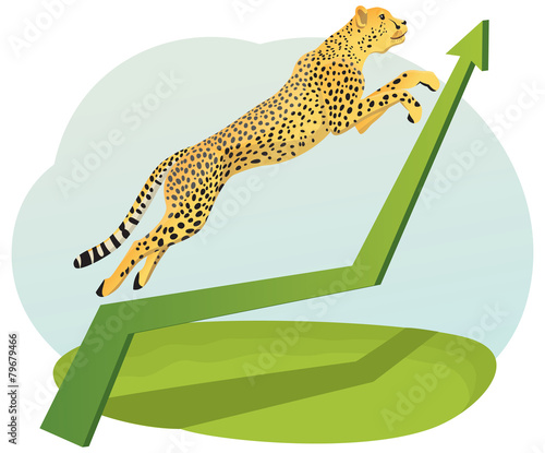 Cheetah jumping on the increasing green arrow on the chart photo