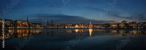 Night cityscape of Hamburg. Panorama of evening lights on the Alster lake of Hamburg, Germany.