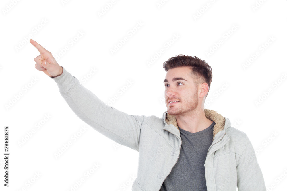 Casual handsome men pointing something
