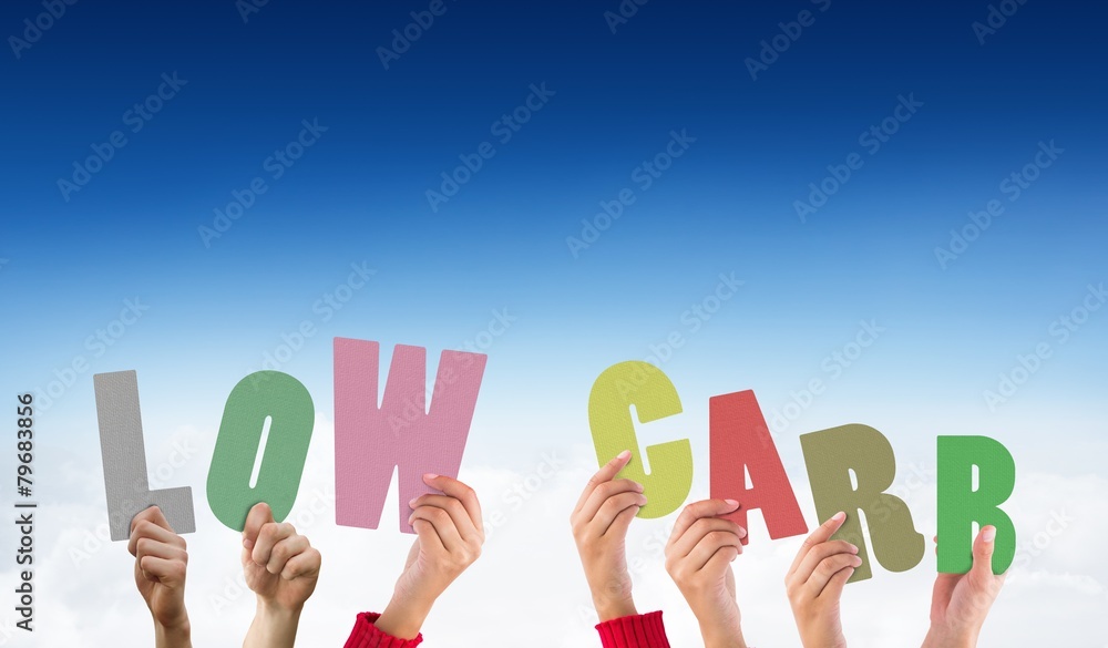 Composite image of hands holding up low carb