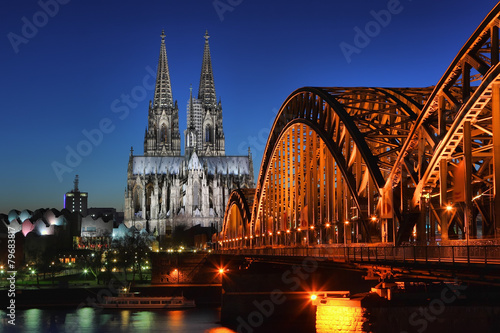Cologne Cathedral and the railway bridge in the night