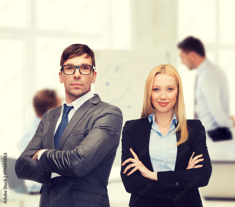 businessman and businesswoman in the front of team businessman and businesswoman in the front of team