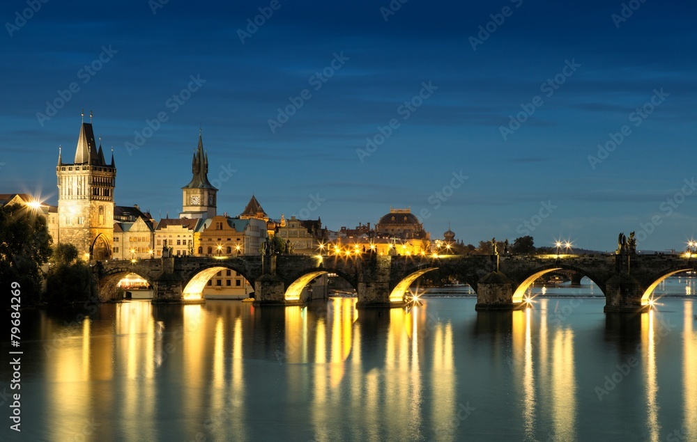 Charles Bridge at night in Prague, Czech Republic