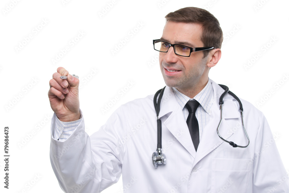 Medical doctor write with a pen on imaginary space. Isolated ove Medical doctor write with a pen on imaginary space. Isolated ove