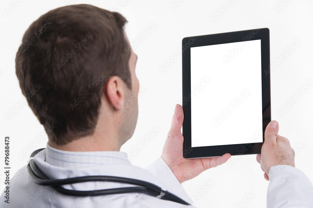 Close up of medical doctor using tablet pc with empty screen Close up of medical doctor using tablet pc with empty screen
