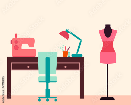 Workplace seamstress. Table and sewing machine