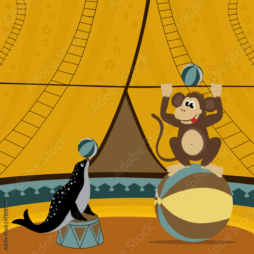 Circus show illustration with monkey and seal