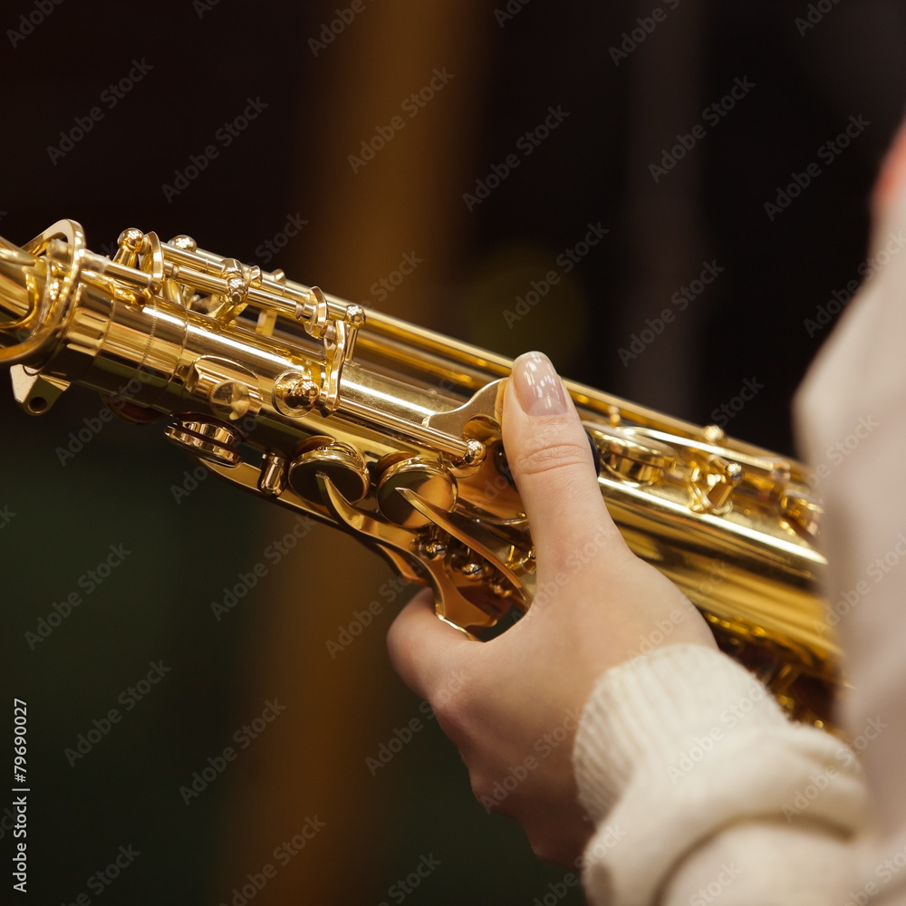 Obraz premium Hand girl holding a saxophone closeup