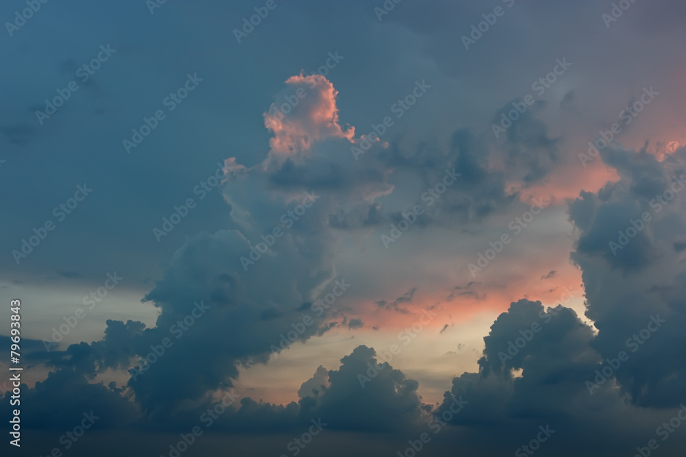 Rainy thundercloud sunset. Sunset in blue-pink tones with thunder clouds. Rainy thundercloud sunset. Sunset in blue-pink tones with thunder clouds.