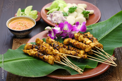 chicken satay with peanut sauce, indonesian skewer cuisine