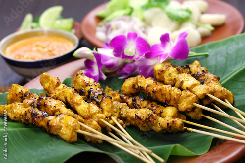 chicken satay with peanut sauce, indonesian skewer cuisine
