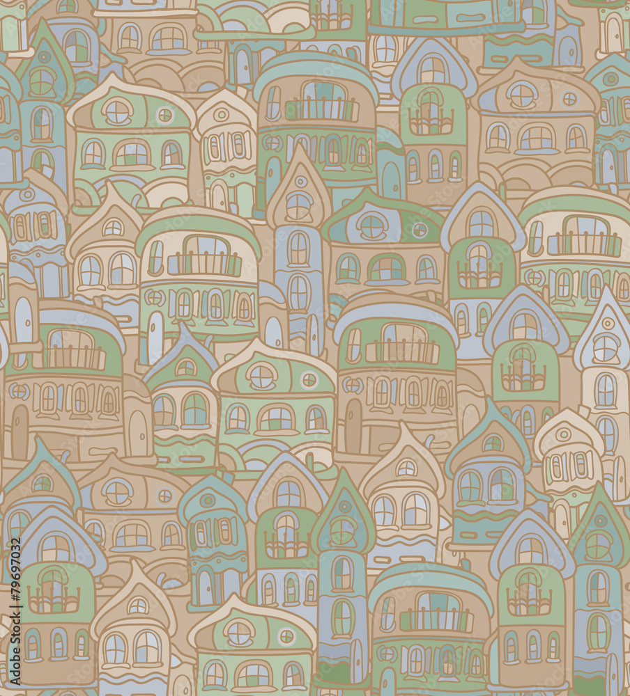 Seamless pattern with stylized city's old houses.