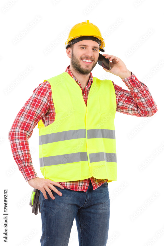 Smiling worker on the phone Smiling worker on the phone