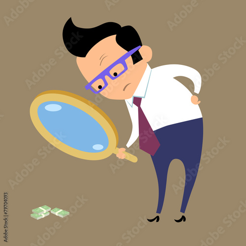 Businessman looking for money in magnifying glass