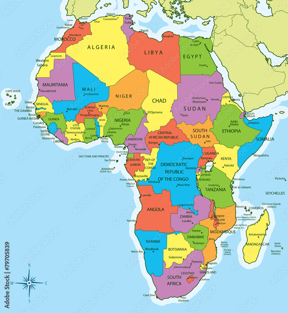 Afryka Państwa I Stolice Mapa Africa map with countries and cities Stock-Vektorgrafik | Adobe Stock