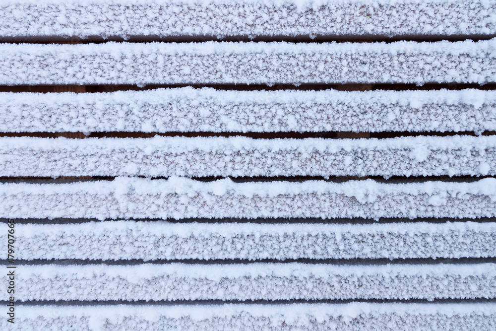 Hoarfrost on wooden wall background, frosty texture