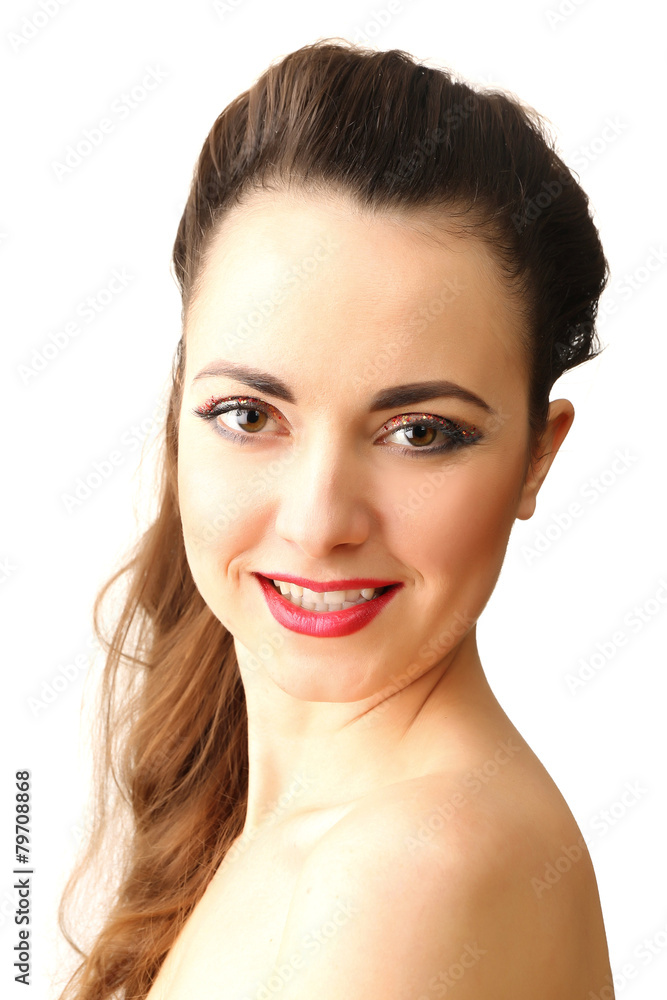 Obraz premium Portrait of beautiful woman with fancy glitter makeup isolated