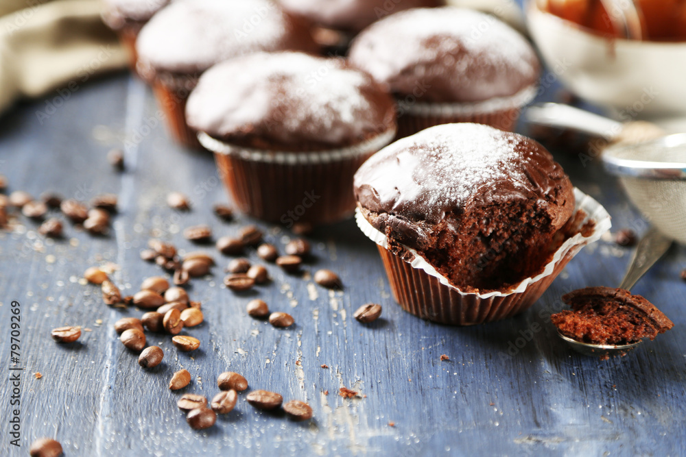 Composition with tasty homemade chocolate muffins Composition with tasty homemade chocolate muffins