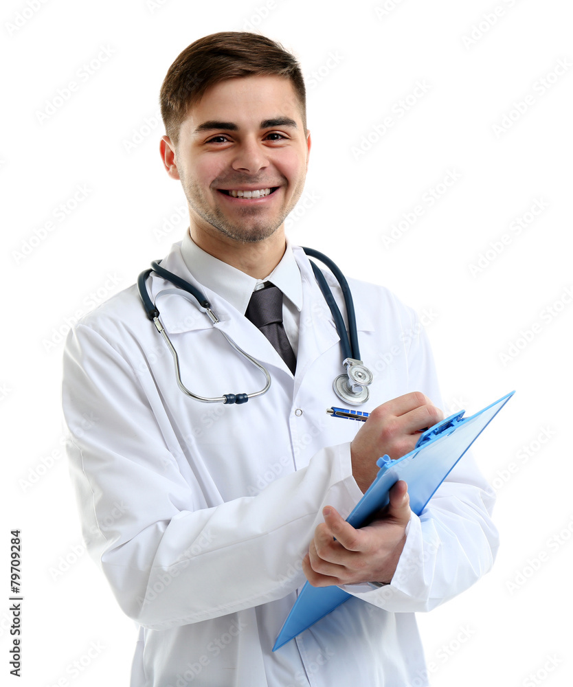 Male Doctor holding clipboard isolated on white Male Doctor holding clipboard isolated on white