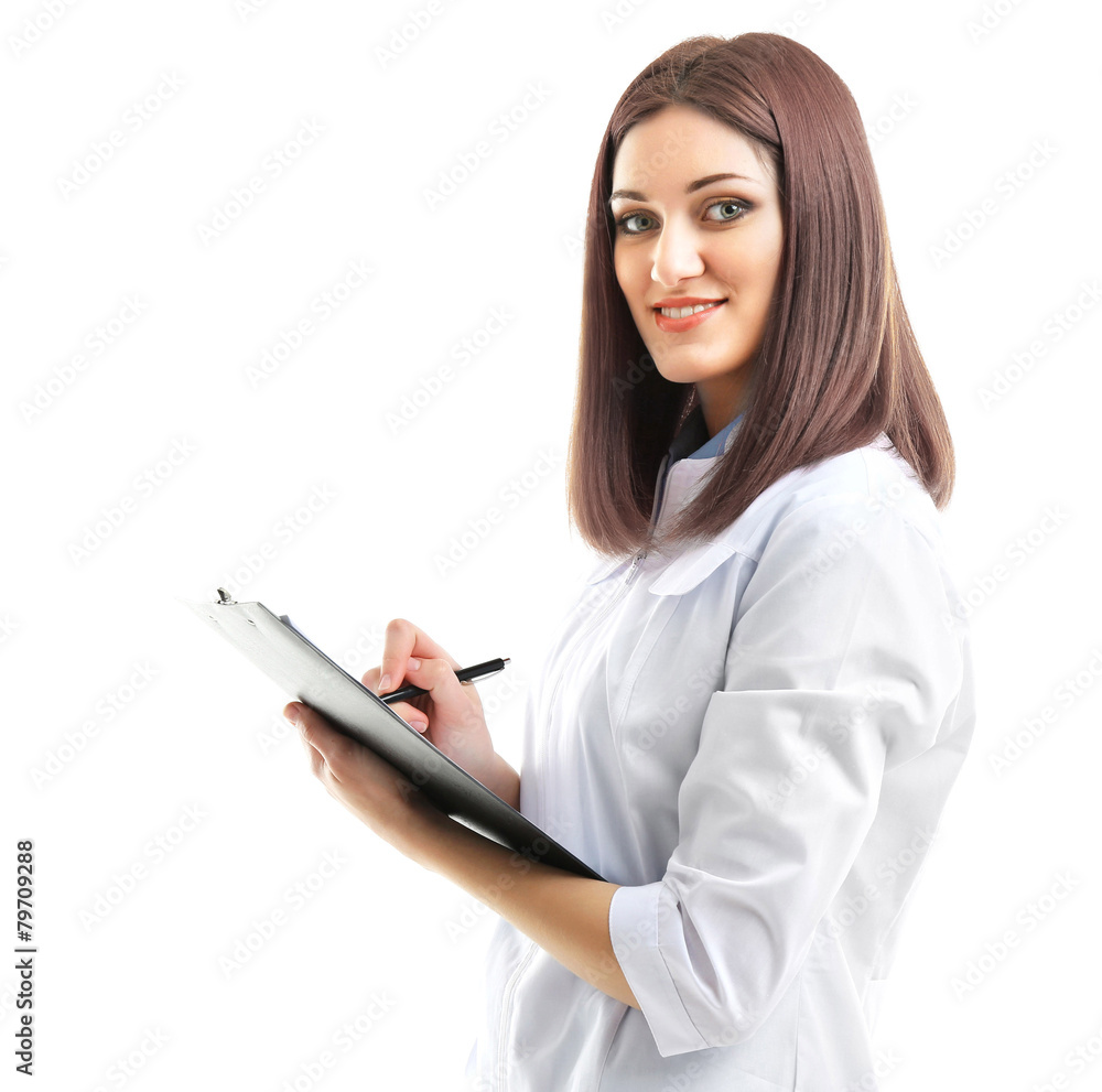 Young beautiful doctor with clipboard isolated on white Young beautiful doctor with clipboard isolated on white