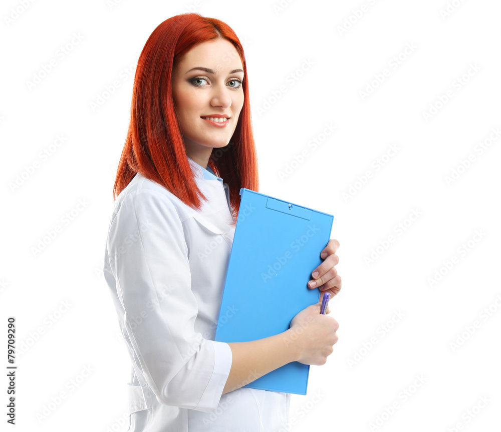 Young beautiful doctor with clipboard isolated on white Young beautiful doctor with clipboard isolated on white
