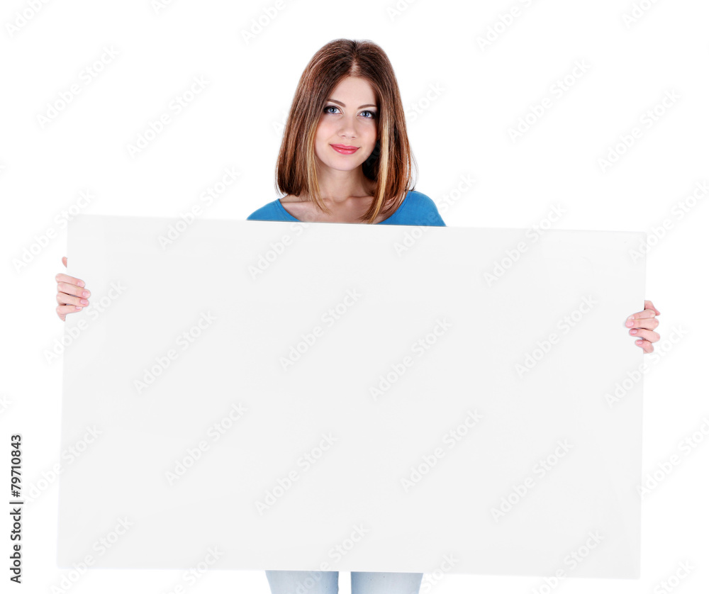 Beautiful young woman holding blank poster isolated on white Beautiful young woman holding blank poster isolated on white