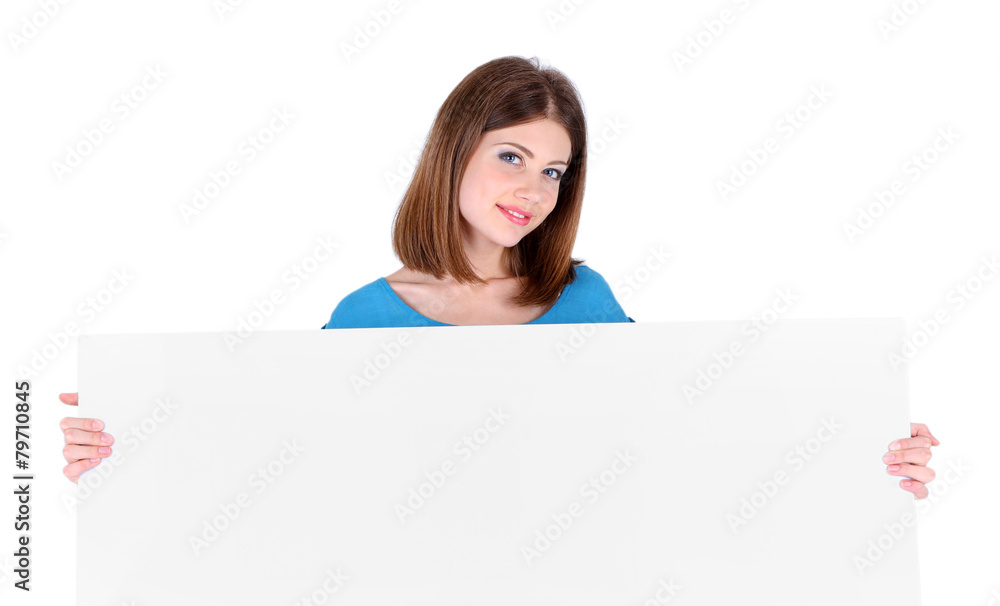 Beautiful young woman holding blank poster isolated on white Beautiful young woman holding blank poster isolated on white