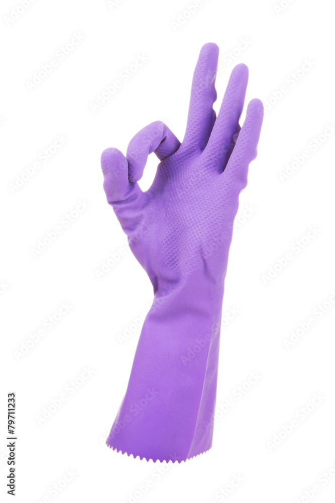 Rubber glove on hand, isolated on white Rubber glove on hand, isolated on white