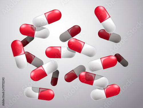 Flying red pills falling from the sky. Medicine