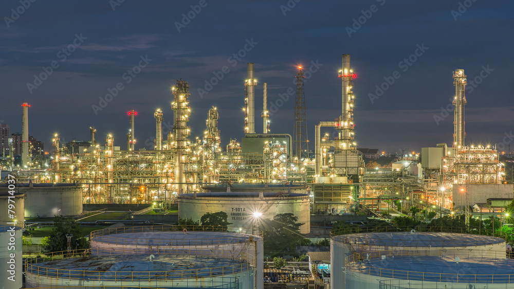 Panorama of Oil refinery and storage tanks at twilight