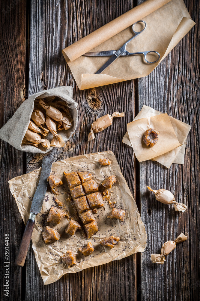 Packed in paper sweet fudges with poppy seeds Packed in paper sweet fudges with poppy seeds