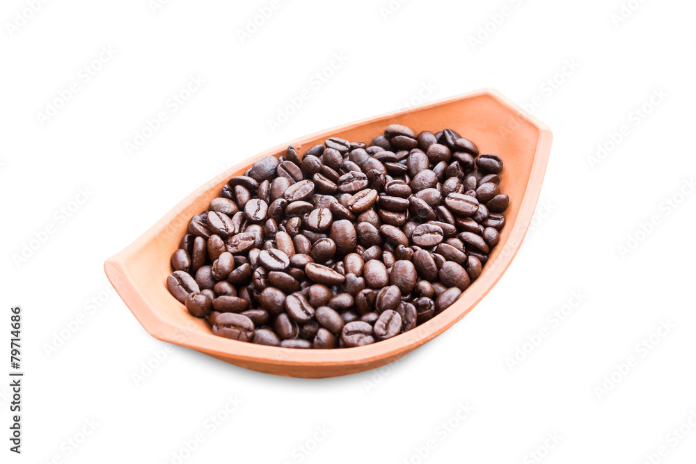coffee beans in pottery bowl on white coffee beans in pottery bowl on white