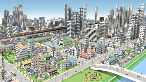 市街地の鳥瞰図の3D-CG