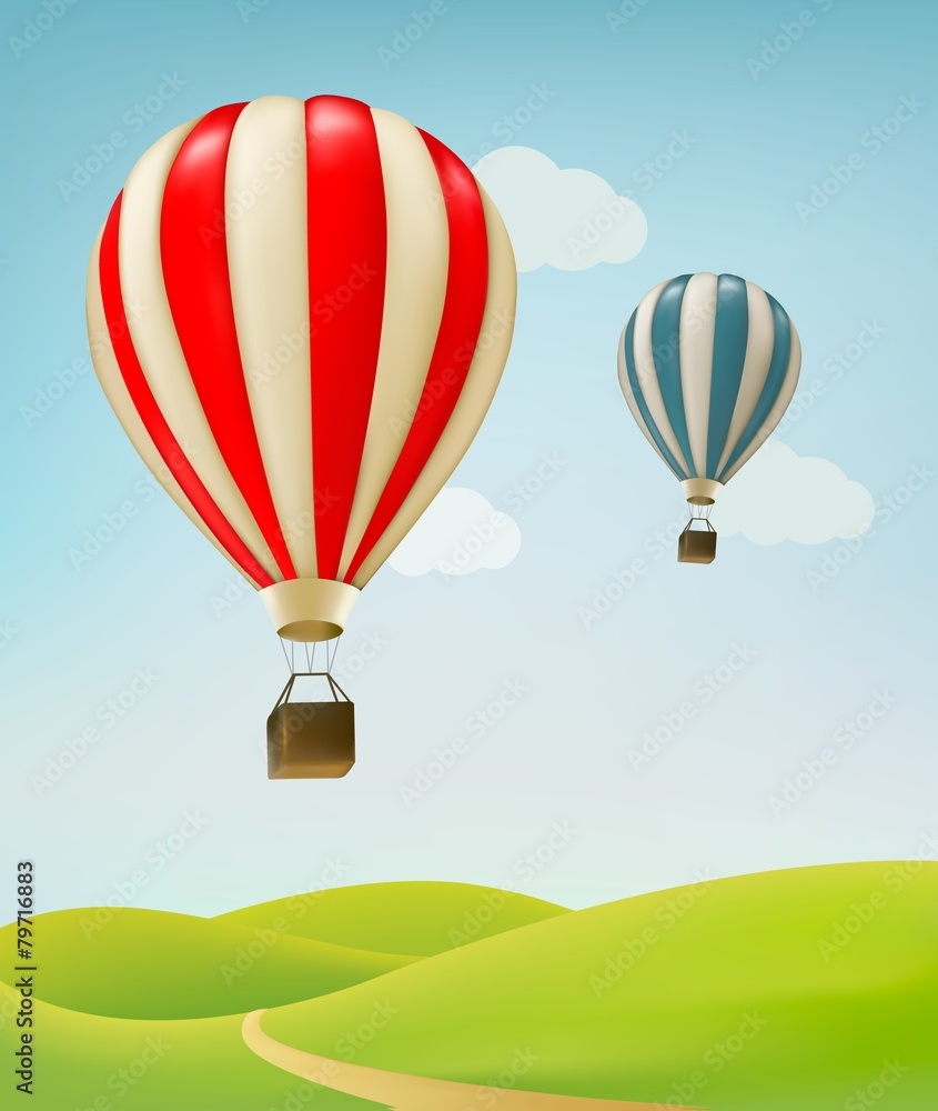 Obraz premium Retro background with colorful air balloons and green land. Vect