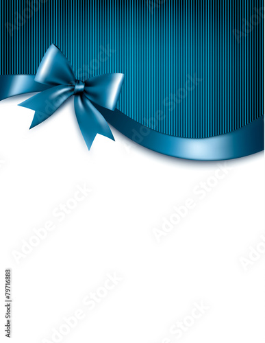 Holiday blue background with red gift glossy bow and ribbons. Ve