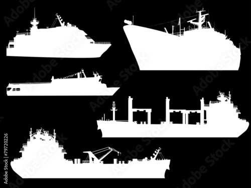 five large ship silhouettes isolated on black