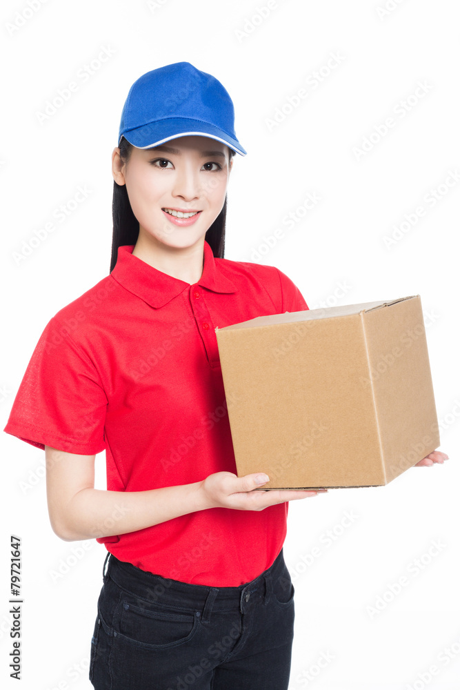 delivery woman carrying cardboard box delivery woman carrying cardboard box