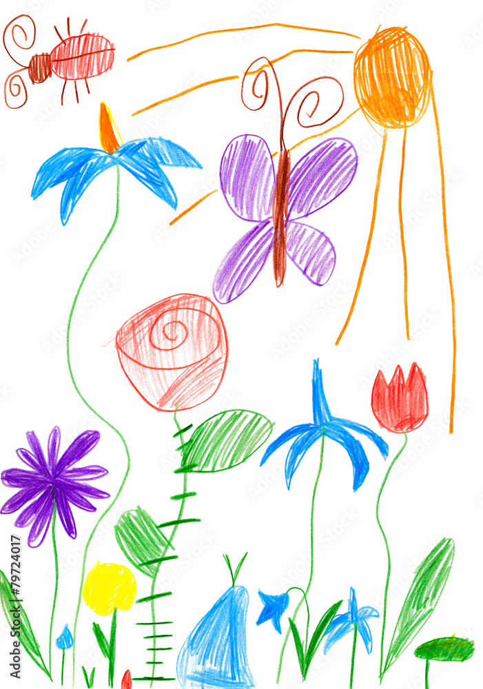 Obraz premium spring landscape with butterfly and flowers. child drawing.