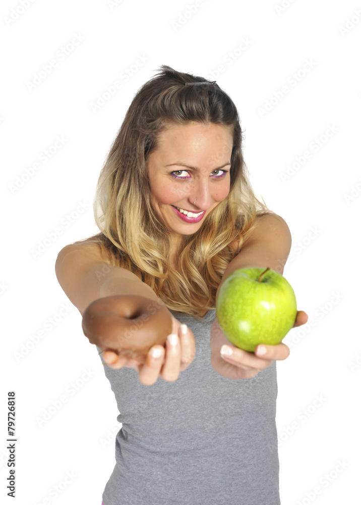 happy woman with apple and chocolate donut temptation off diet happy woman with apple and chocolate donut temptation off diet