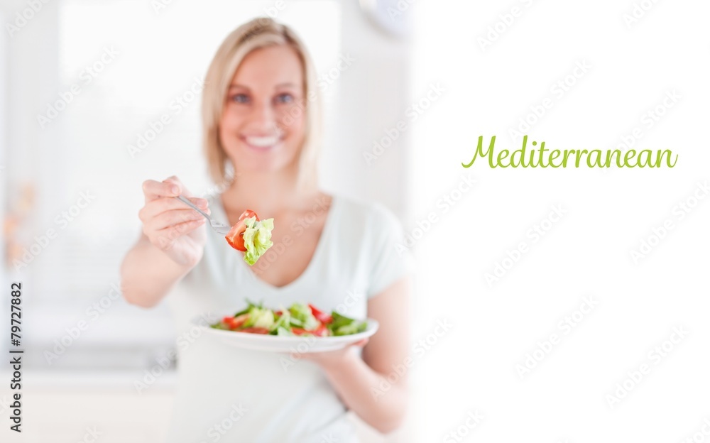 Mediterranean against woman offering salad