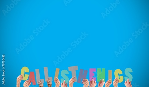 Fotografie Composite image of hands holding up callisthenics