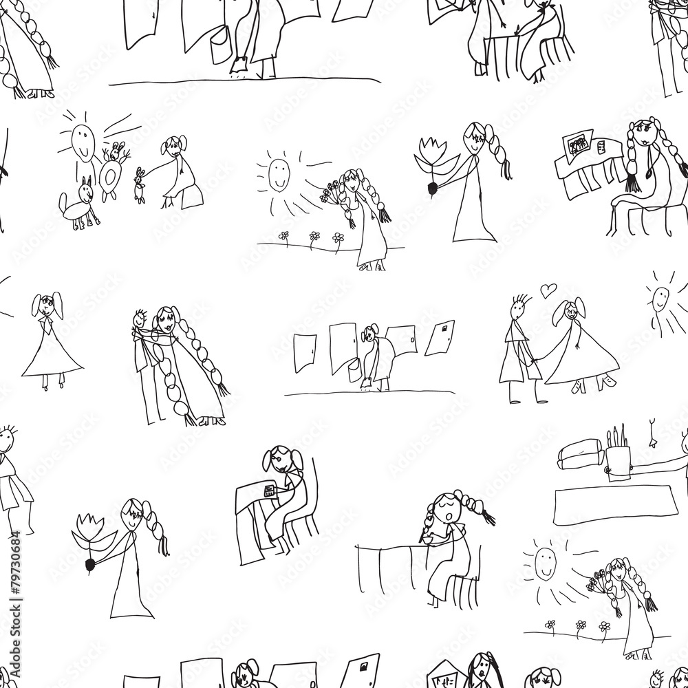 Seamless pattern. Collection of cute children's drawings