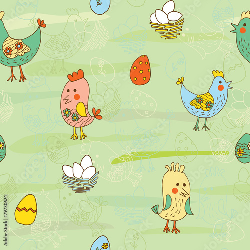 Easter doodle drawings, seamless pattern.