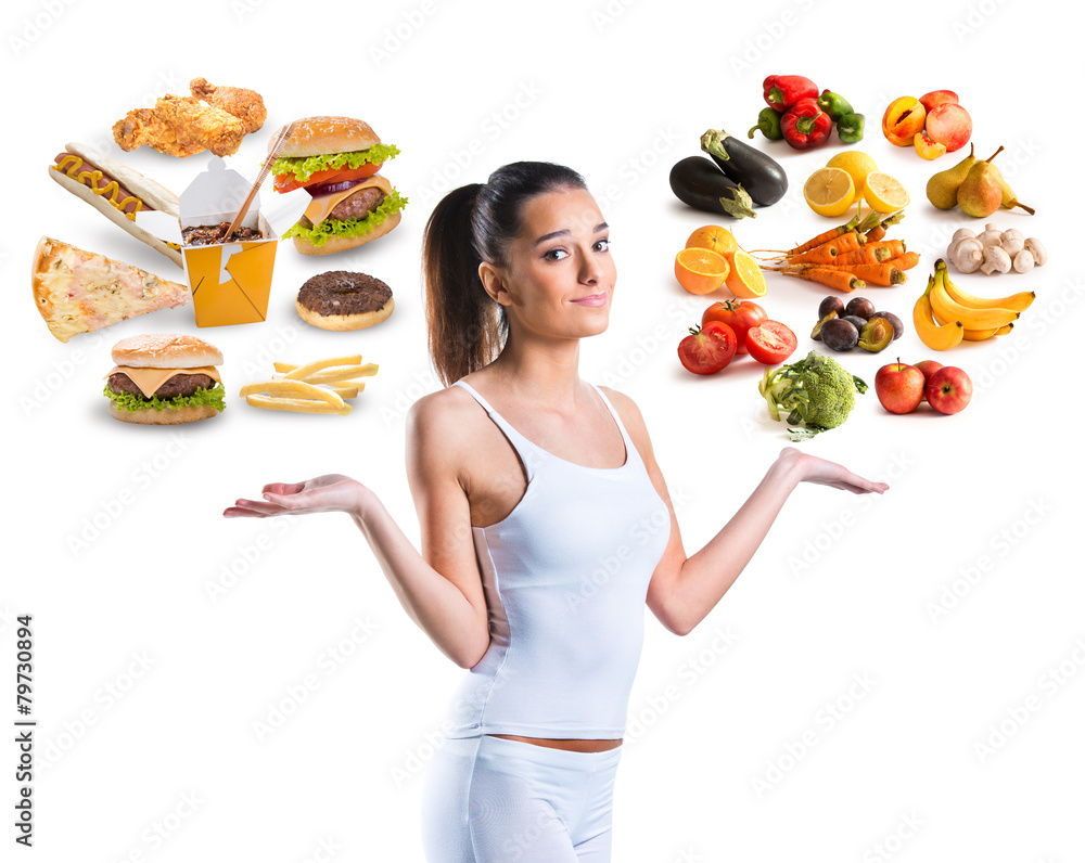Unhealthy vs healthy food - obrazy, fototapety, plakaty 