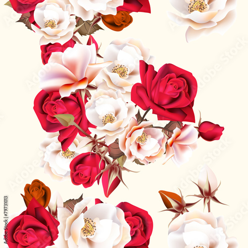 Floral seamless pattern with white and red roses in vintage styl